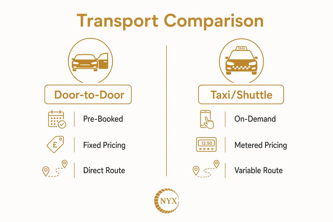 Infographic comparing door-to-door transfer and taxi services