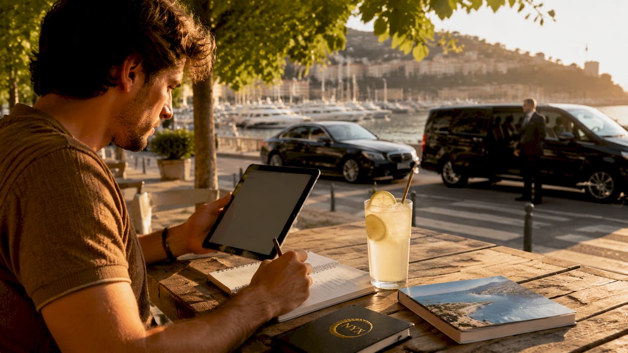 Hands using tablet with travel notes nearby