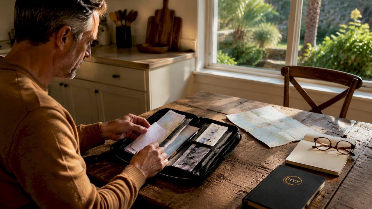 Hands organizing travel documents and maps