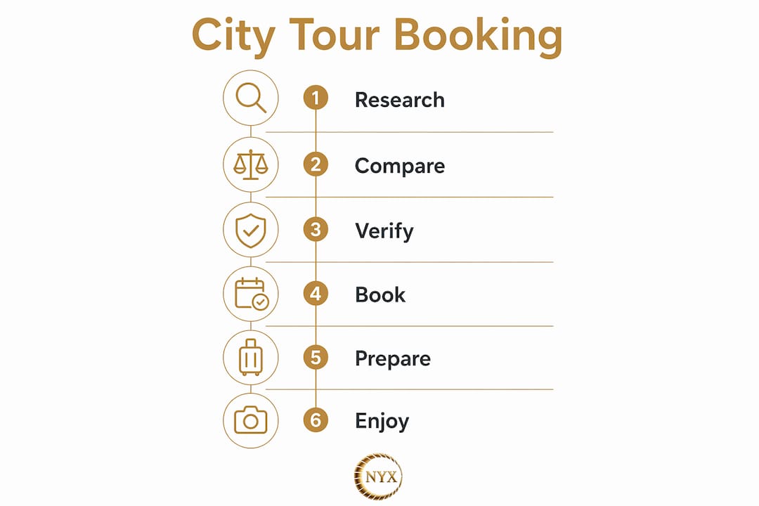 Infographic illustrating city tour booking steps as vertical flow