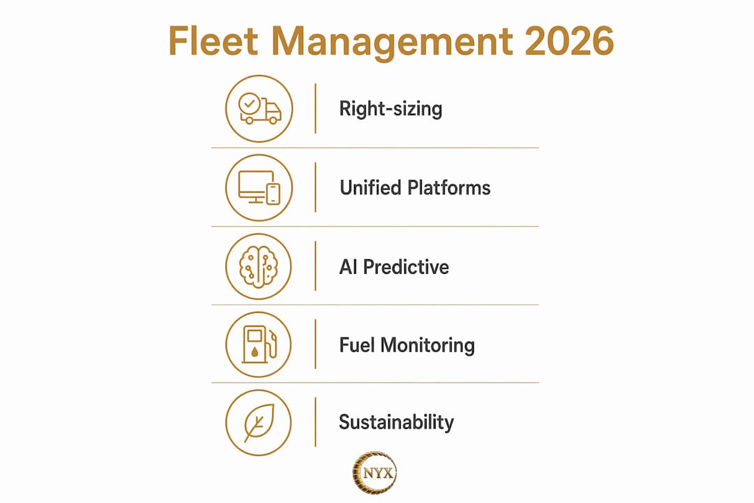 Infographic illustrating 5 key steps in modern vehicle fleet management in 2026