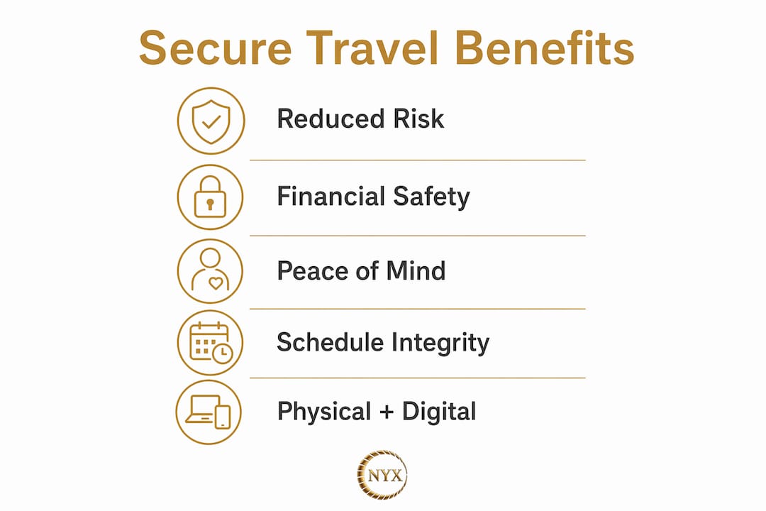 Infographic showing key benefits of secure travel with five labeled steps
