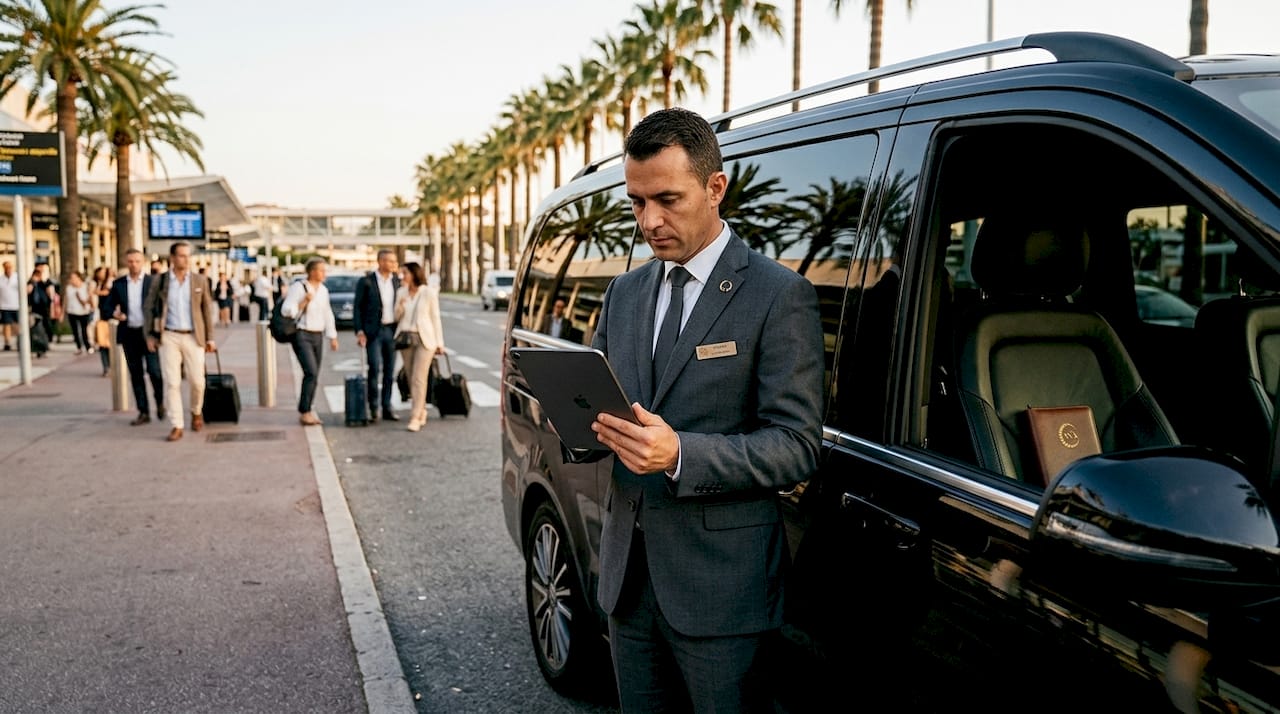 Mercedes van chauffeur checking flight status at Nice Airport for VIP transfer coordination