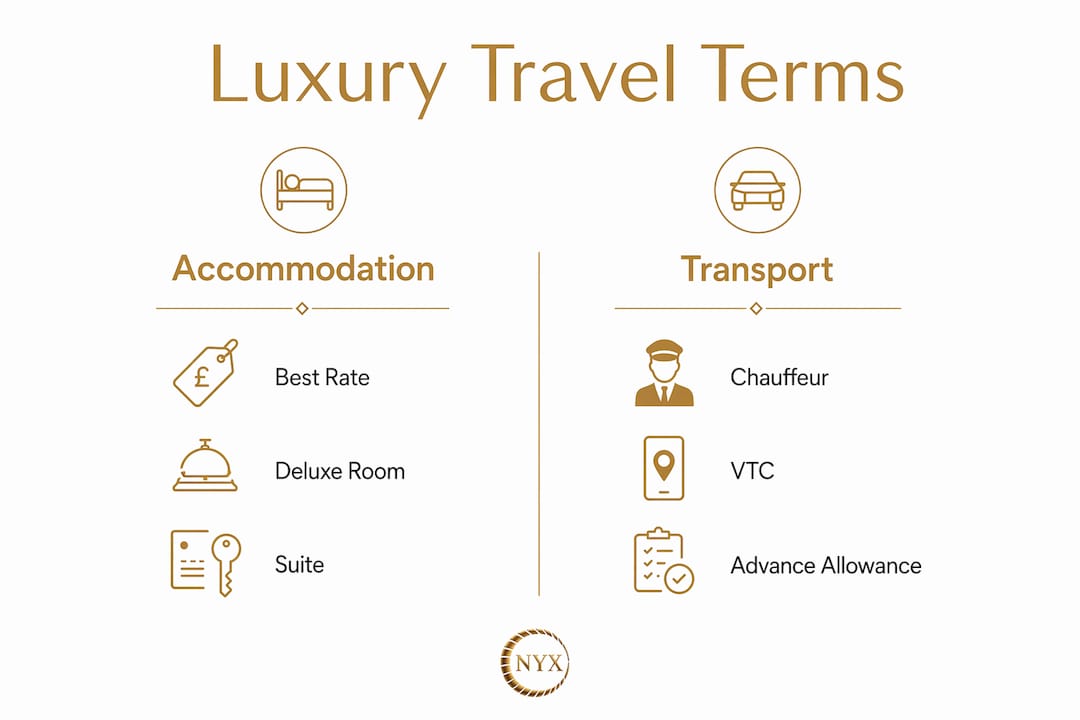Infographic showing essential luxury travel accommodation and transport terms