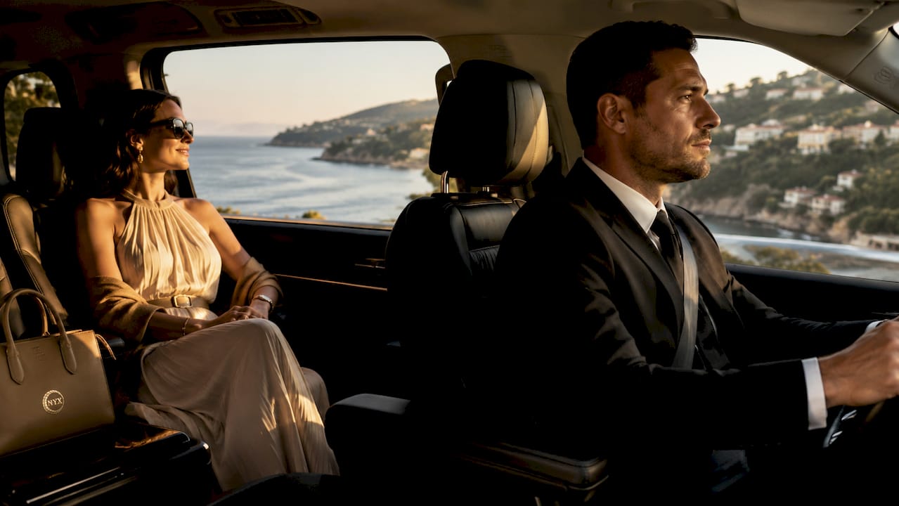 Professional chauffeur driving Mercedes-Benz van along Lower Corniche road with Riviera coastal views