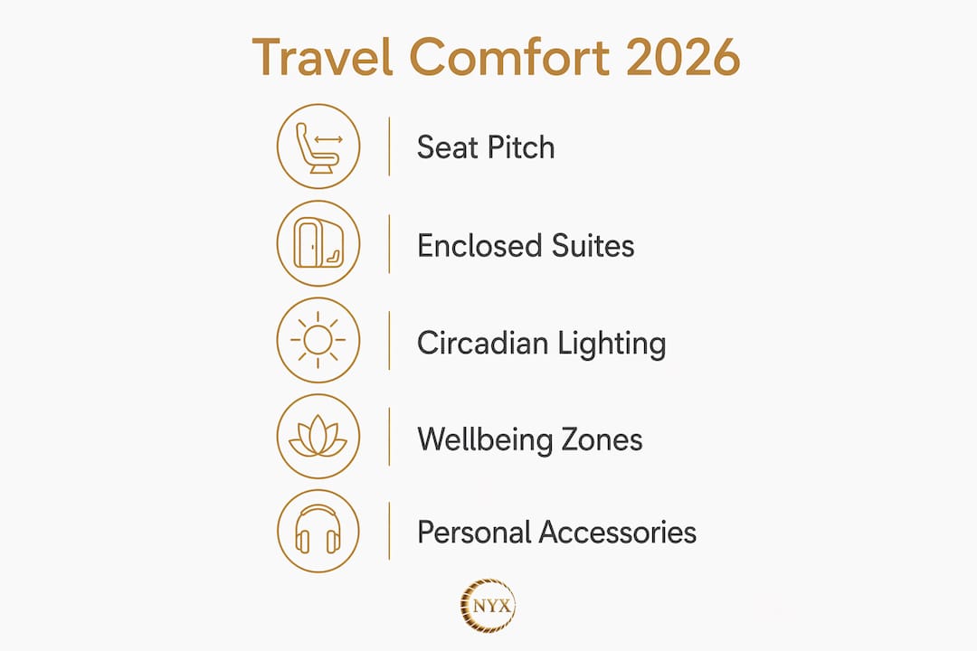 Infographic showing key travel comfort advancements in 2026 with five main steps