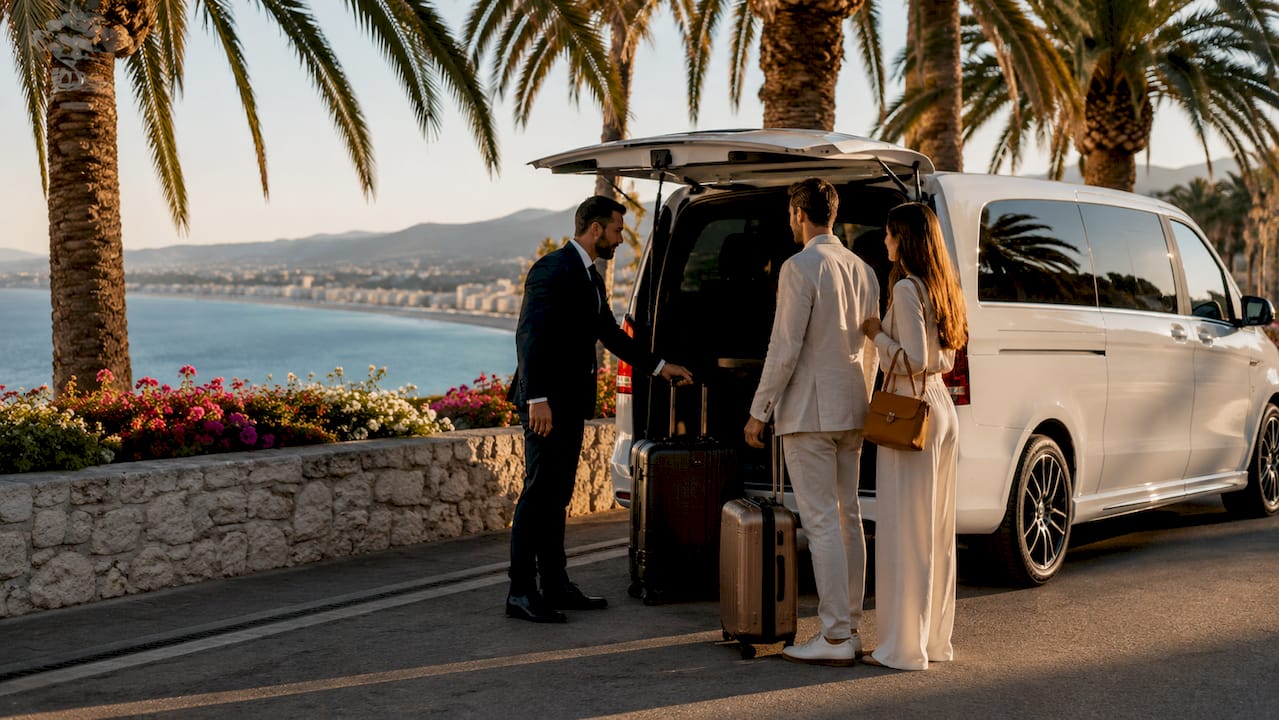 Mercedes-Benz luxury van with professional chauffeur assisting passengers at Nice Airport on the French Riviera.