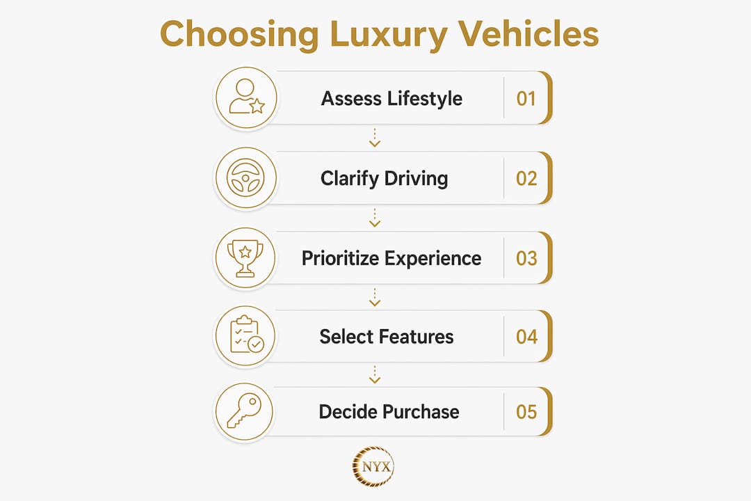 Infographic outlining key steps to choosing a luxury vehicle in 2026