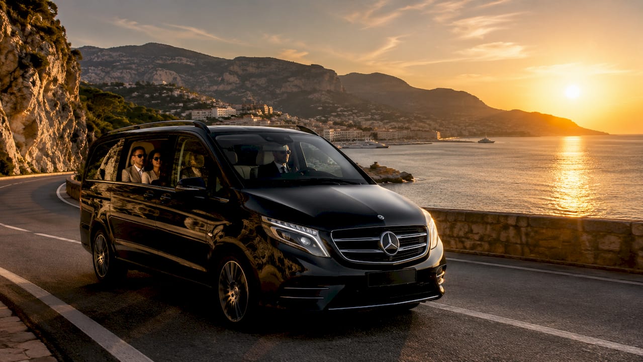 Mercedes-Benz van with chauffeur and passengers driving Monaco coastal road French Riviera