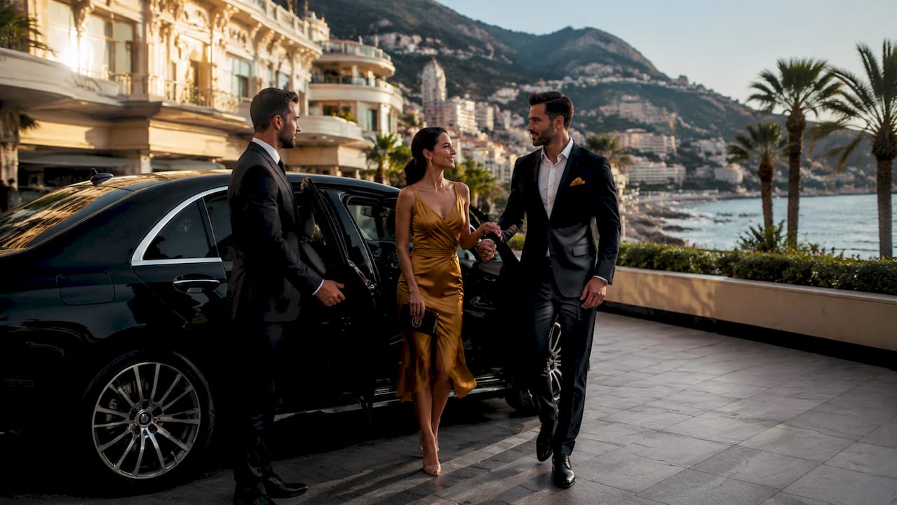 Mercedes sedan with chauffeur assisting passengers at Nice Airport arrival, French Riviera transfer.