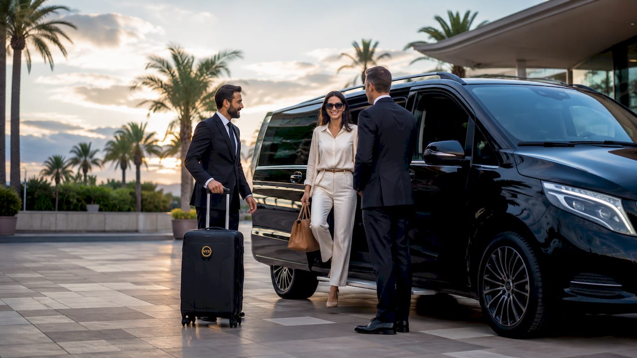 Mercedes-Benz van luxury airport transfer with chauffeur and passengers at Nice airport.