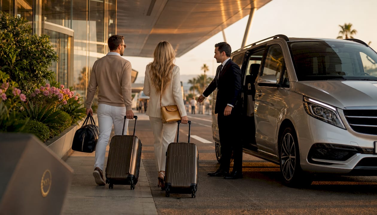 Mercedes-Benz van with chauffeur and business travelers at Nice Airport arrivals, showcasing premium Riviera VTC service
