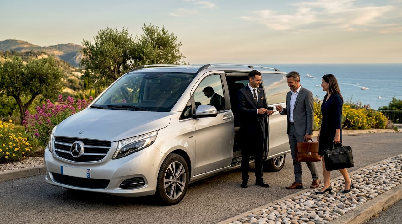 Mercedes van chauffeuring business clients on a coastal Monaco road, luxury ground transport French Riviera