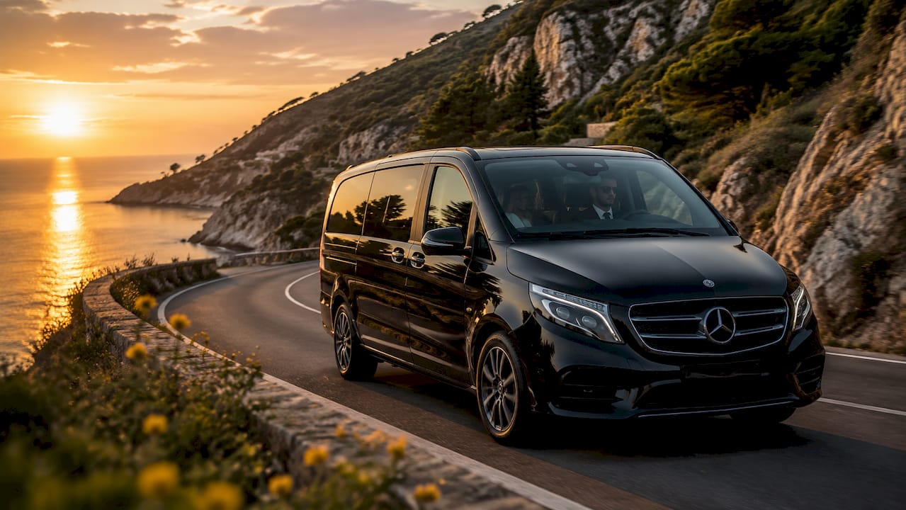 Mercedes-Benz van chauffeured group transfer along Monaco coastal road with scenic Mediterranean backdrop