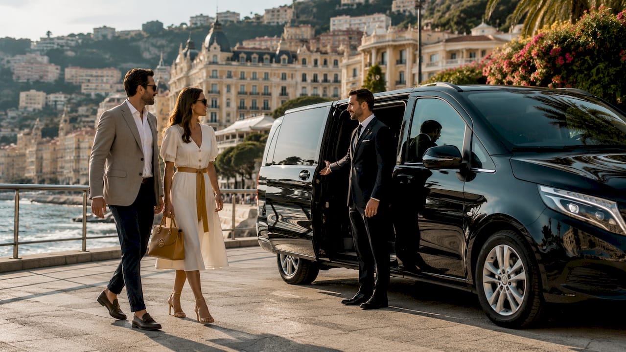 Mercedes van and chauffeur welcoming guests at luxury hotel Monaco