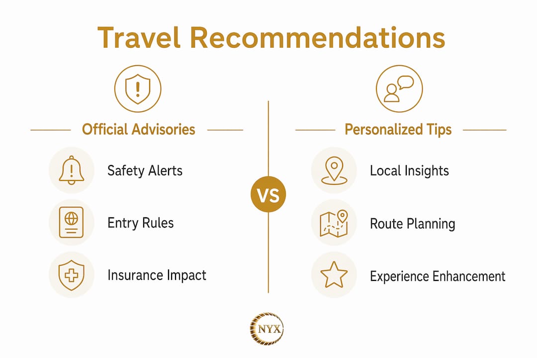 Infographic comparing official travel advisories and personalized travel tips