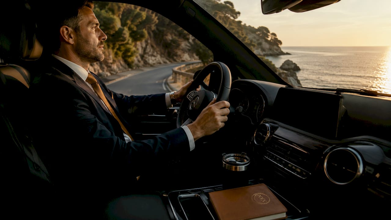 Mercedes van chauffeur driving luxury private transfer on coastal road French Riviera with scenic backdrop.