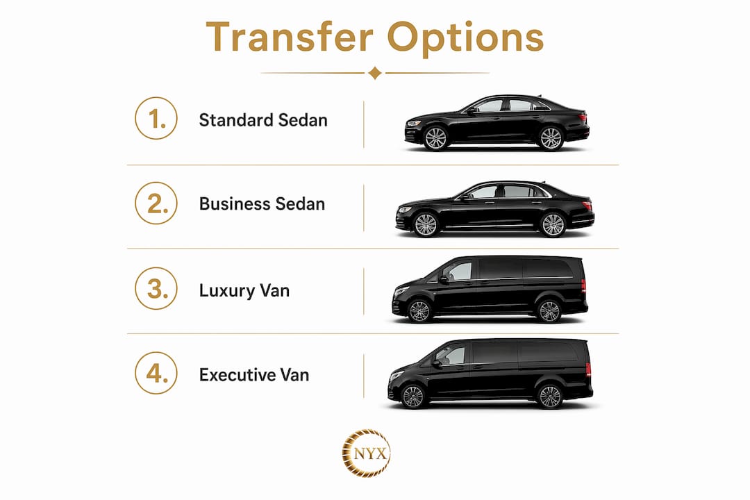 Infographic showing main vehicle categories for Nice to San Remo private trips with brief labels