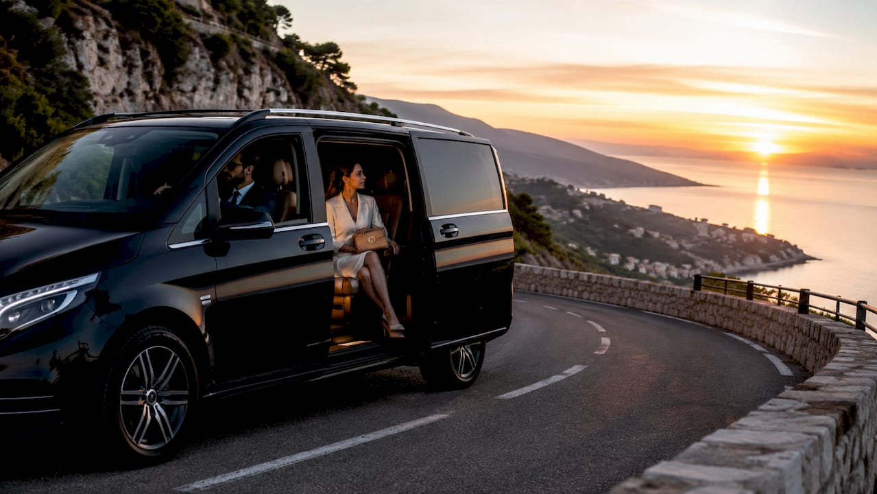 Mercedes luxury chauffeur van driving Riviera coastal road near Cannes with elegant passenger