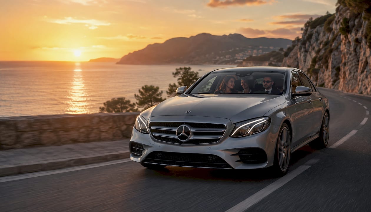 Mercedes-Benz sedan chauffeured luxury transfer along Riviera coast near Nice