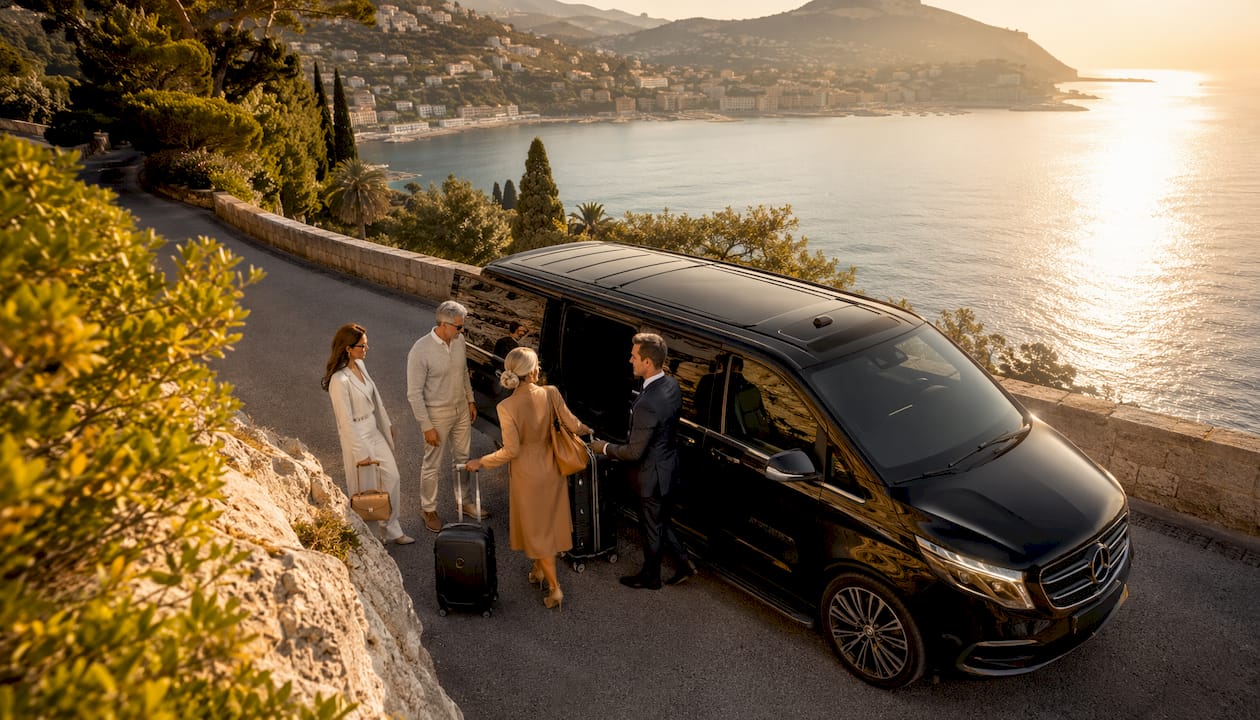 Luxury Mercedes-Benz van with chauffeur greeting VIP passengers on Riviera coastal road near Nice Airport