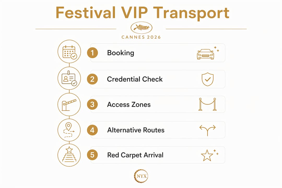 Infographic showing key VIP transport stages and access zones for Cannes Film Festival 2026
