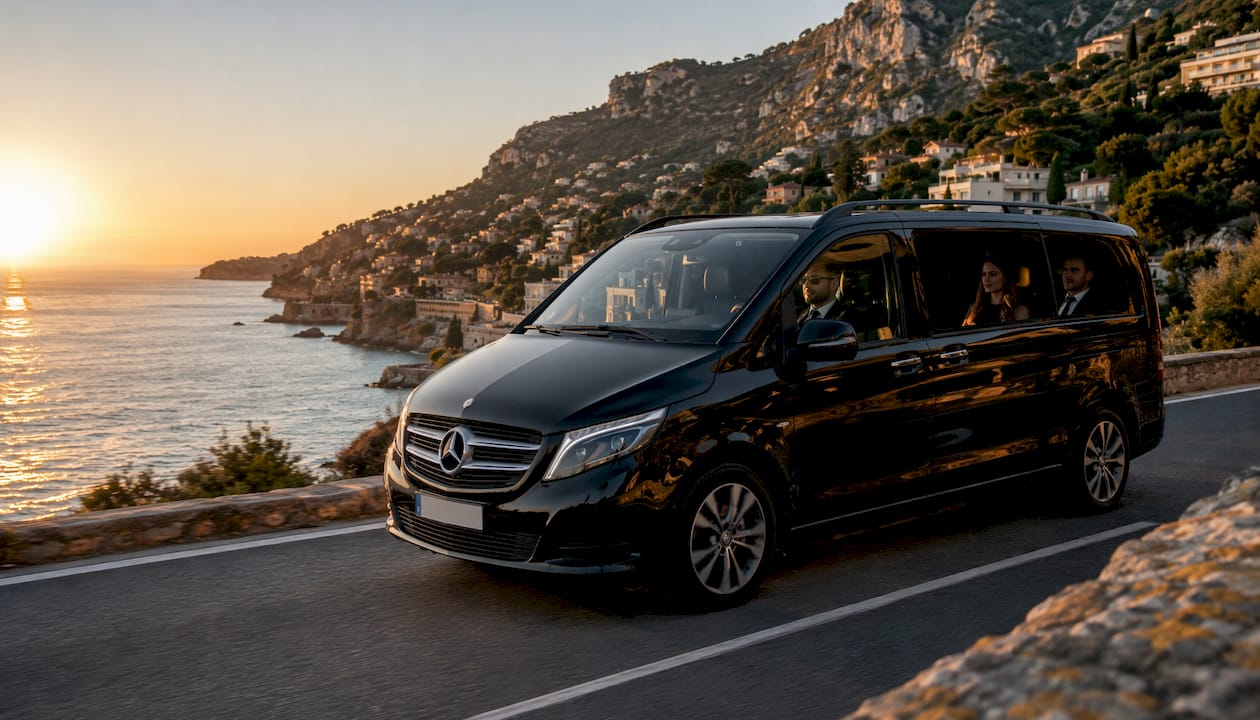 Mercedes-Benz van luxury transfer along French Riviera coastal road near Monaco