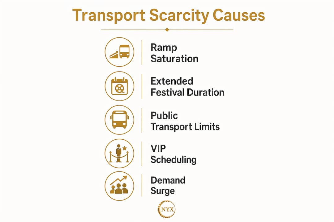 Infographic illustrating key causes of transport scarcity during Cannes Film Festival