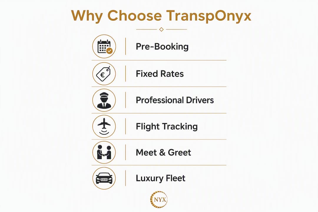Infographic showcasing key benefits of TranspOnyx private chauffeur service on the Riviera.
