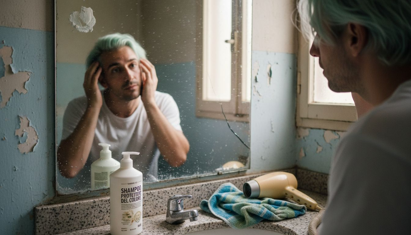 Un uomo si prende cura dei suoi capelli dai toni pastello applicando il balsamo.