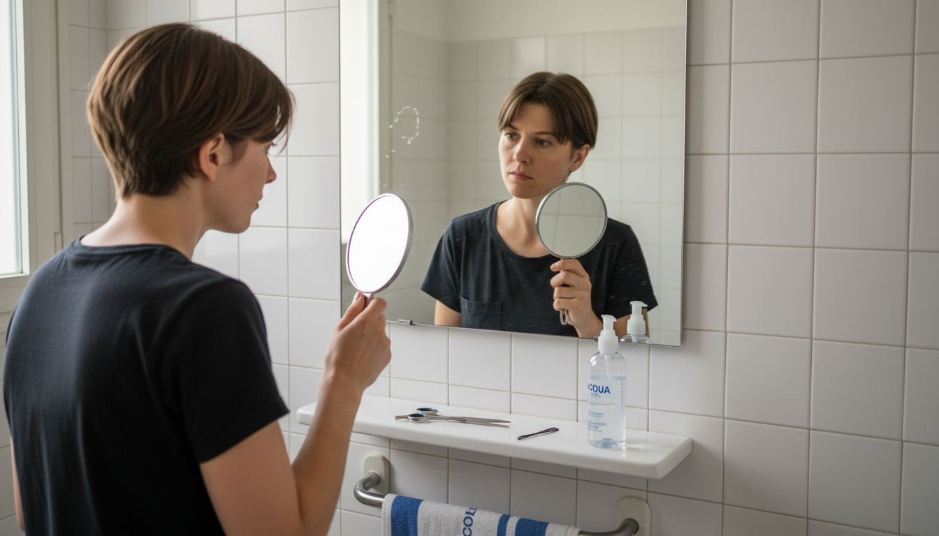 Donna che si osserva allo specchio per controllare se il taglio corto è perfettamente simmetrico