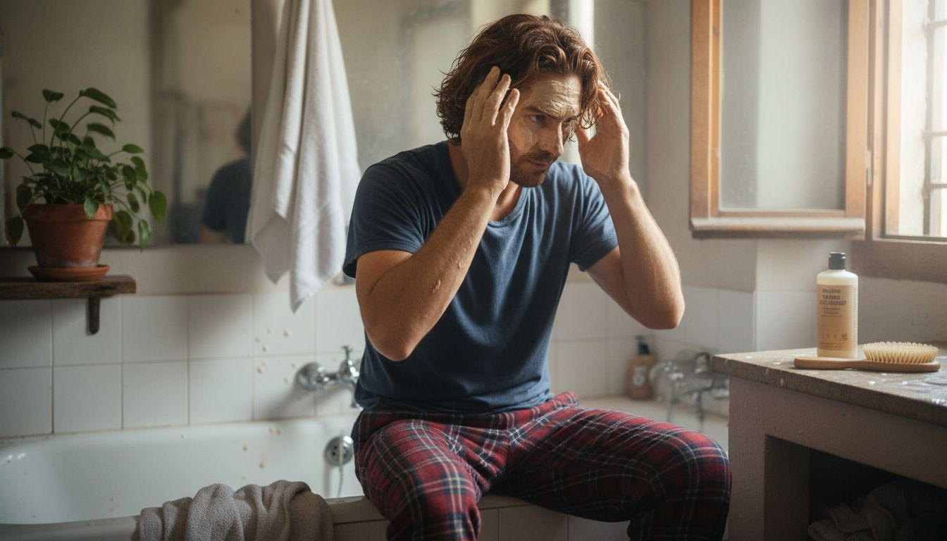 Un uomo si prende cura dei suoi capelli applicando una maschera idratante comodamente a casa.