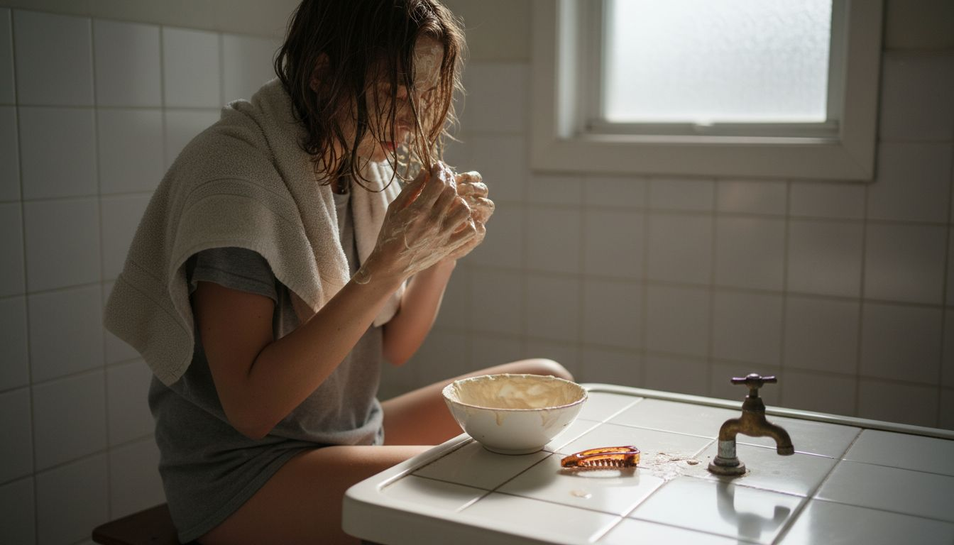 Una persona che si prende cura dei propri capelli applicando una maschera fatta in casa.
