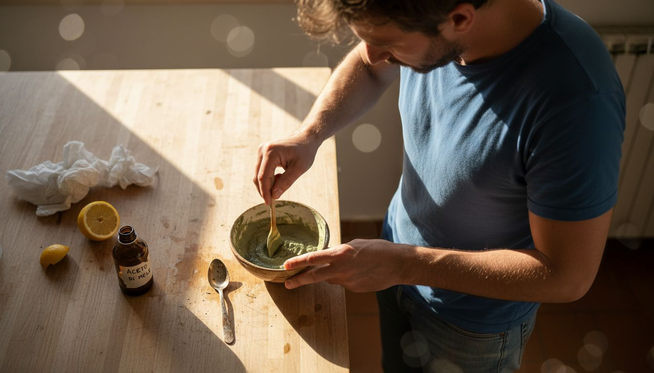 Un uomo prepara in casa un detergente naturale per il cuoio capelluto.