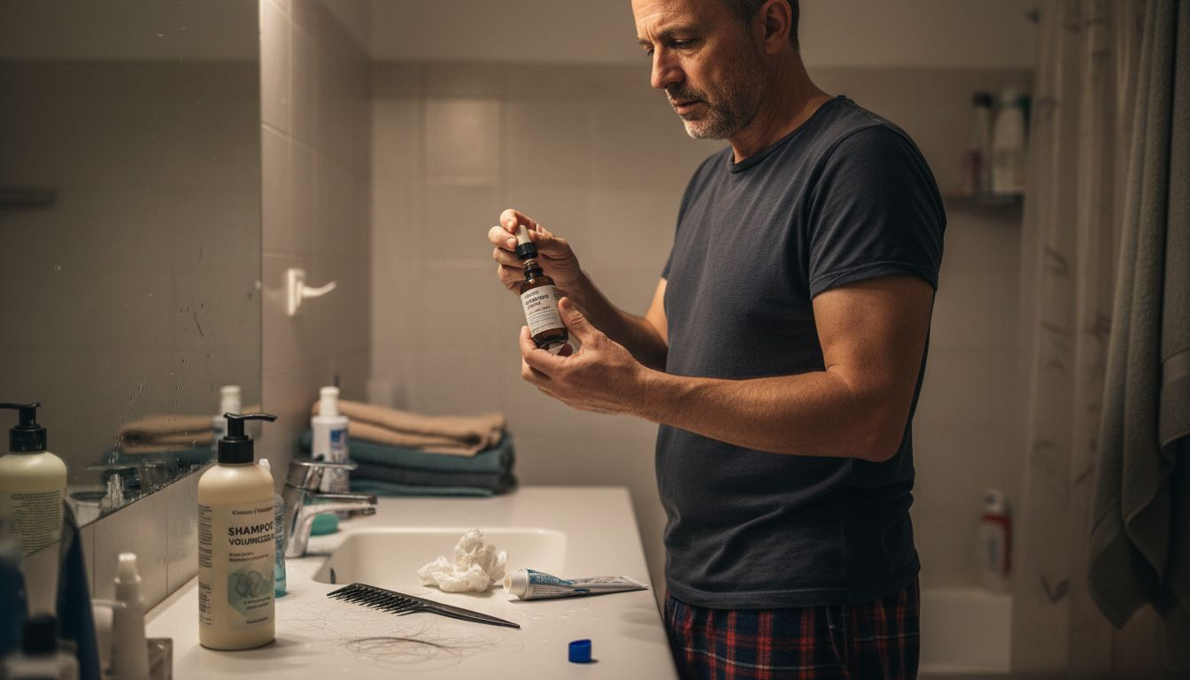 Un uomo davanti allo specchio sceglie il prodotto giusto per infoltire i capelli.