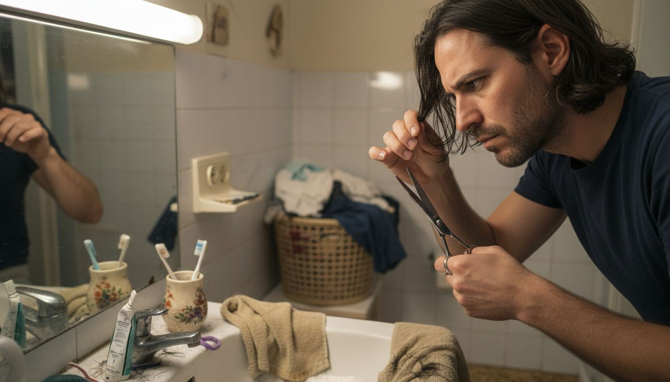 Un uomo si taglia lentamente i capelli lunghi davanti allo specchio del bagno.