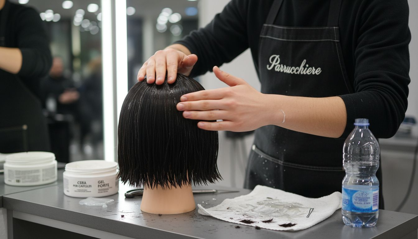 Parrucchiere alle prese con la realizzazione dell’effetto bagnato su una testa modello