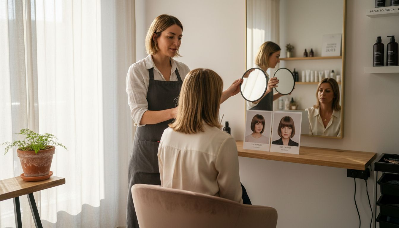 Parrucchiere che consiglia la cliente sulla scelta del taglio più adatto alla forma del viso