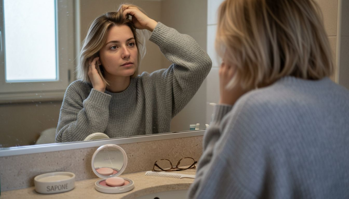 Una donna si osserva allo specchio del bagno mentre sistema i suoi capelli corti.