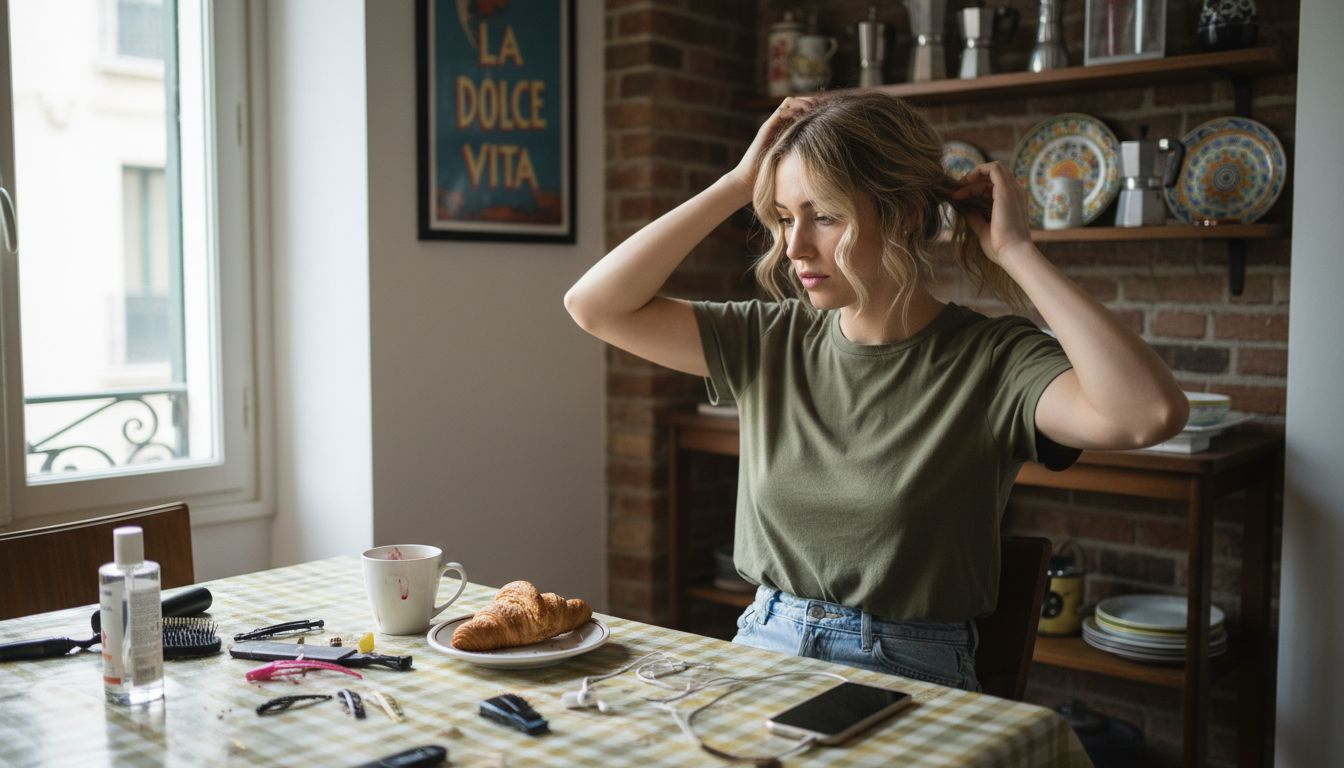 Una donna si sistema i capelli lunghi seduta al tavolo della cucina.