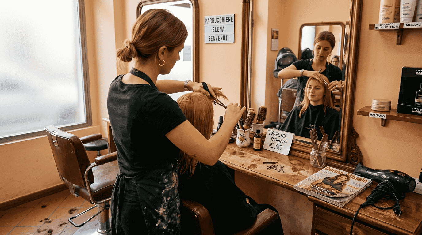 Parrucchiere alle prese con il taglio di capelli ramati chiari in salone