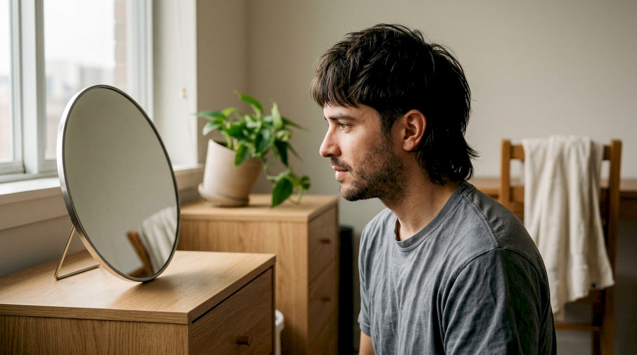 Ragazzo con un taglio wolf cut 2.0 che si osserva allo specchio