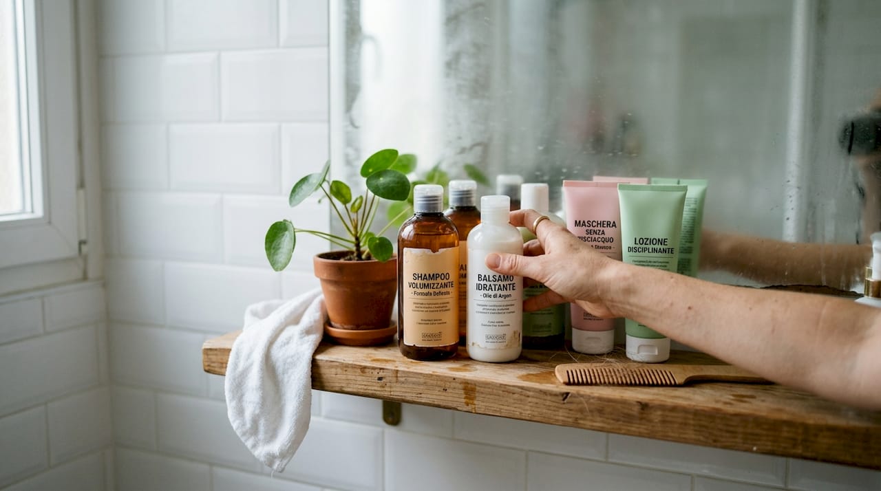 Una varietà di prodotti per la cura dei capelli sistemati sulla mensola del bagno.