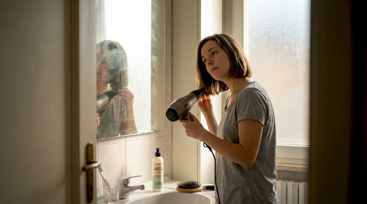 Donna che si prende cura del suo caschetto nella tranquillità del bagno di casa