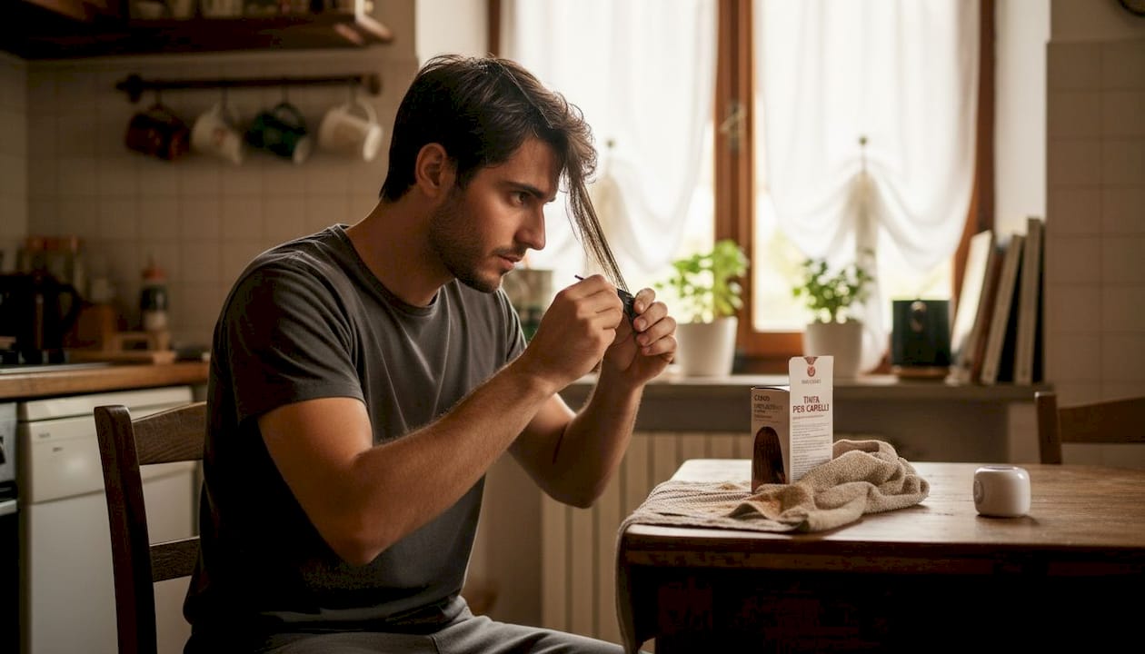 Un uomo si sta tingendo i capelli nella cucina, controllando il tempo con un timer.