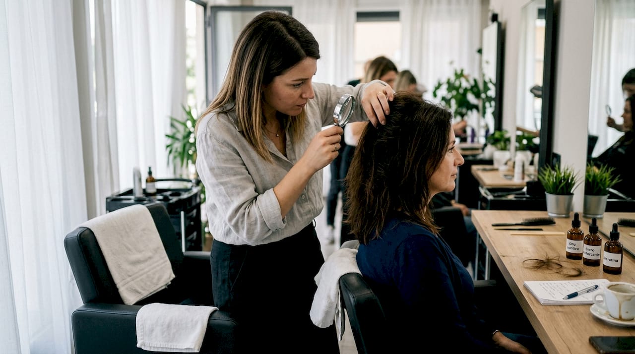 La parrucchiera analizza la salute dei capelli utilizzando strumenti professionali di diagnosi.