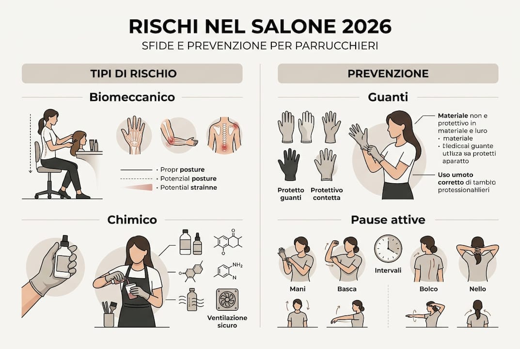 Guida visiva ai rischi e alle buone pratiche di sicurezza in salone per parrucchieri