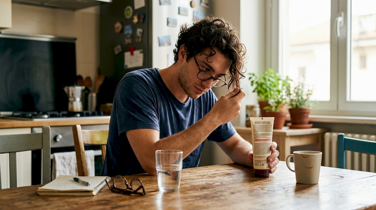Un uomo si prende cura dei suoi capelli tinti applicando un leave-in mentre è seduto al tavolo della cucina.