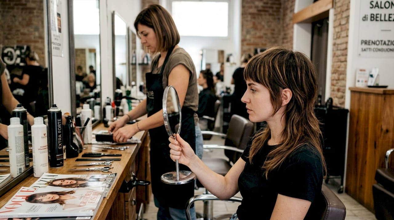 Donna dal parrucchiere con un taglio mullet moderno