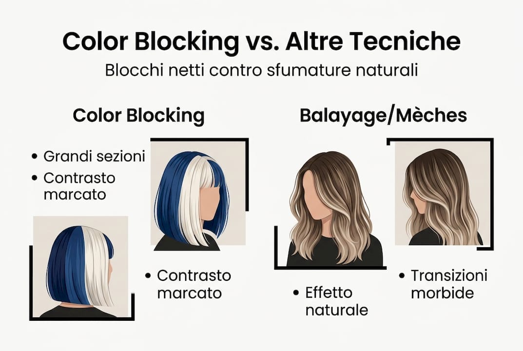 Infografica: differenze tra color blocking, balayage e mèches